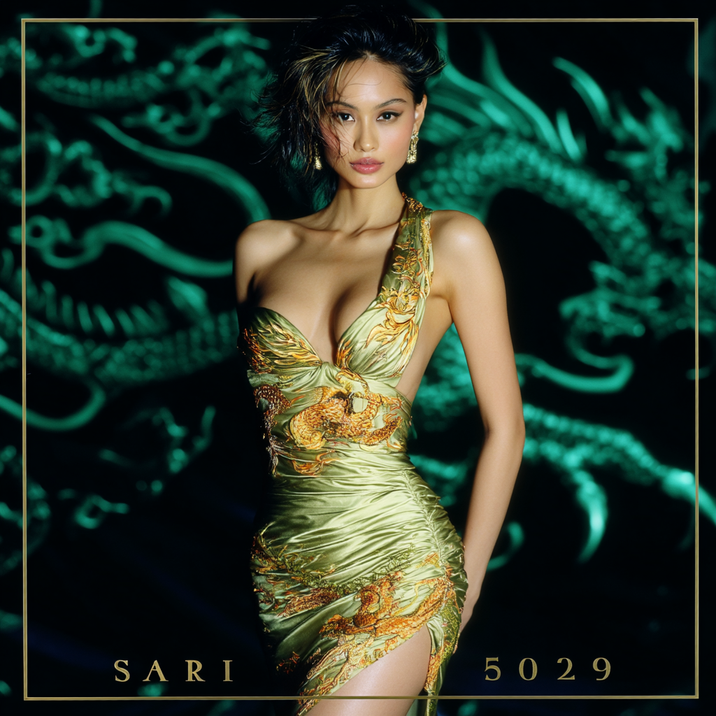 A woman draped in an emerald and gold sari against a dragon-embroidered backdrop